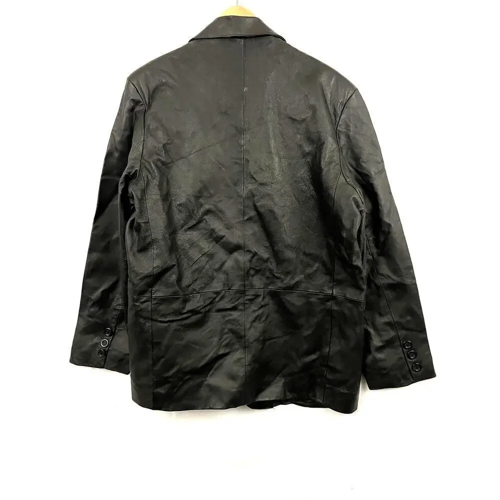 VTG Black Genuine Leather Jacket LARGE Lined Button Collar Lucky Leather Company